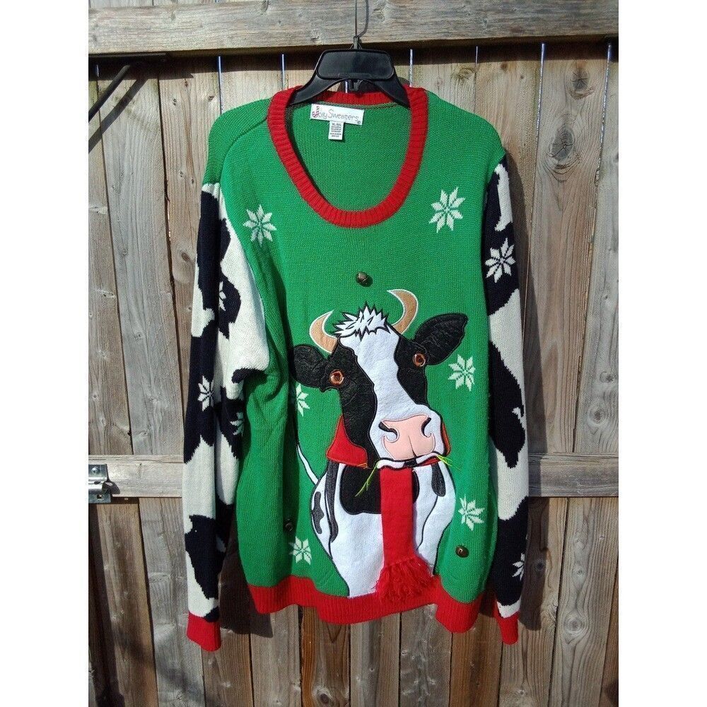 Ugly Christmas Sweater Cow w/Jingle Bells Jolly Sweaters XL Red & Green Party